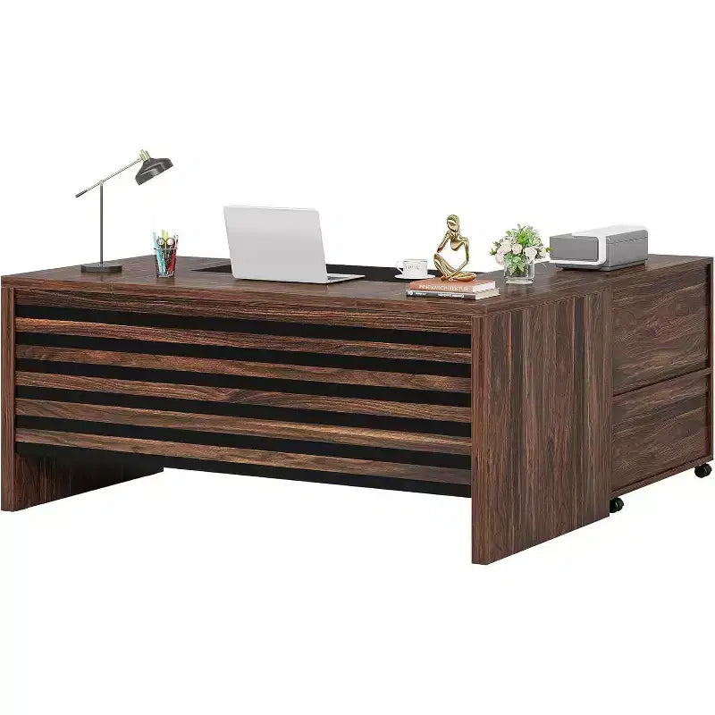 Lantine 62.2 Large Executive Desk with Mobile File Cabinet, L-Shaped Office Desk with Storage Shelves