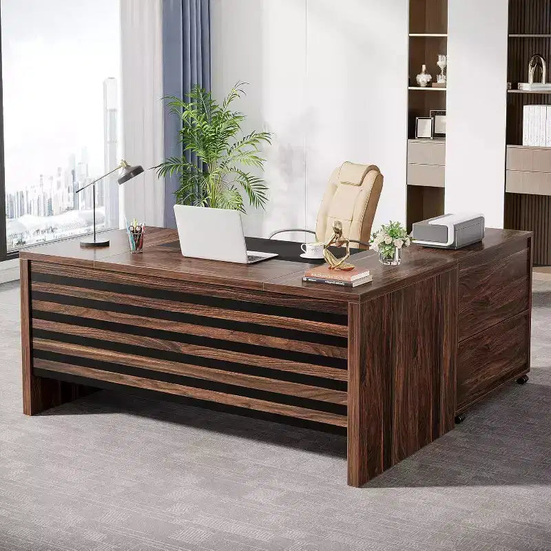 Grand bureau de direction avec caisson de rangement mobile, bureau d'angle en L
