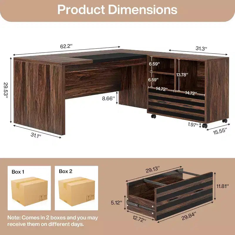 Grand bureau de direction avec caisson de rangement mobile, bureau d'angle en L