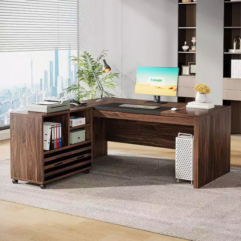 Grand bureau de direction avec caisson de rangement mobile, bureau d'angle en L