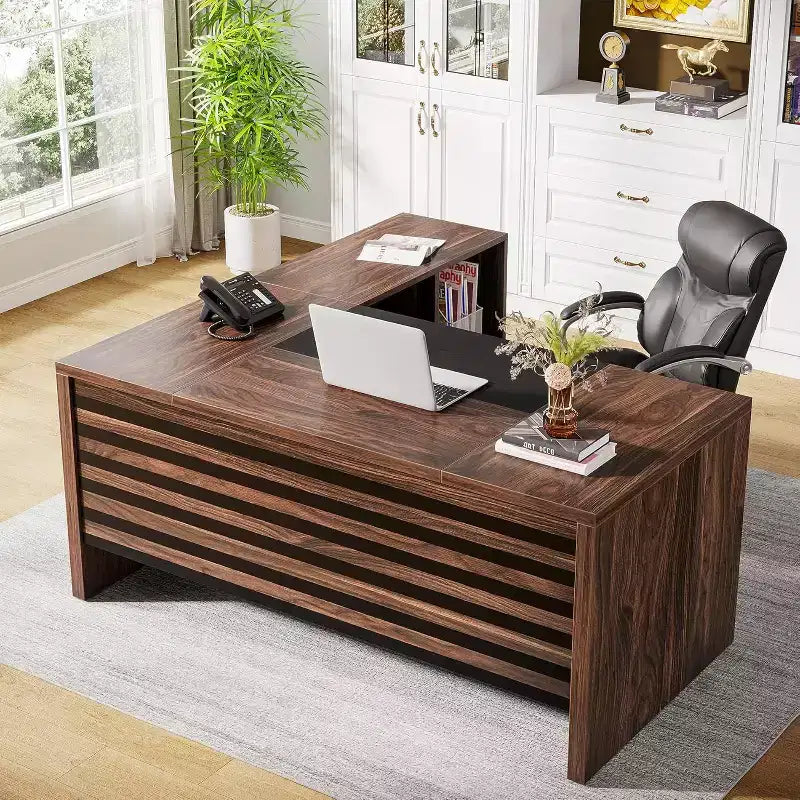 Grand bureau de direction avec caisson de rangement mobile, bureau d'angle en L