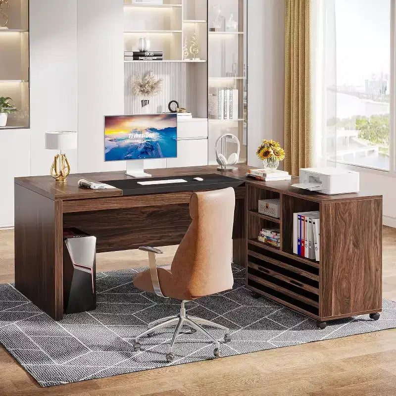 Grand bureau de direction avec caisson de rangement mobile, bureau d'angle en L