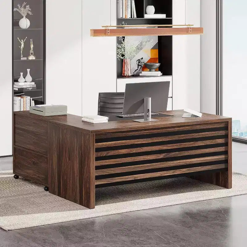 Grand bureau de direction avec caisson de rangement mobile, bureau d'angle en L