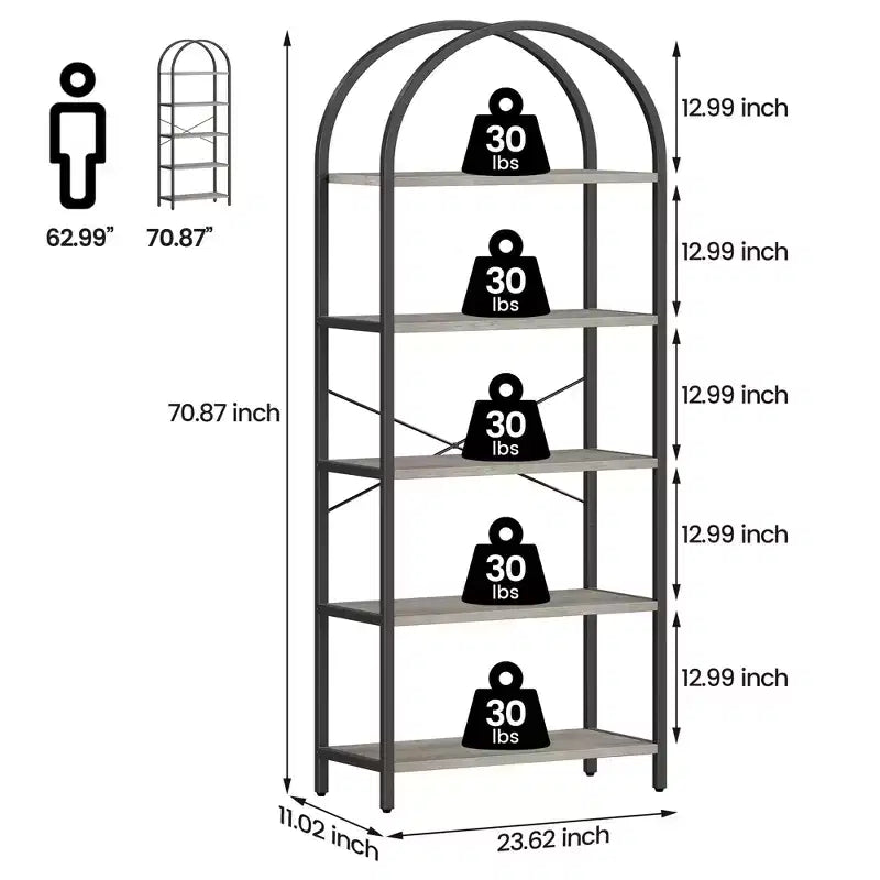 Étagère 5 niveaux en métal arqué, bibliothèque haute.
