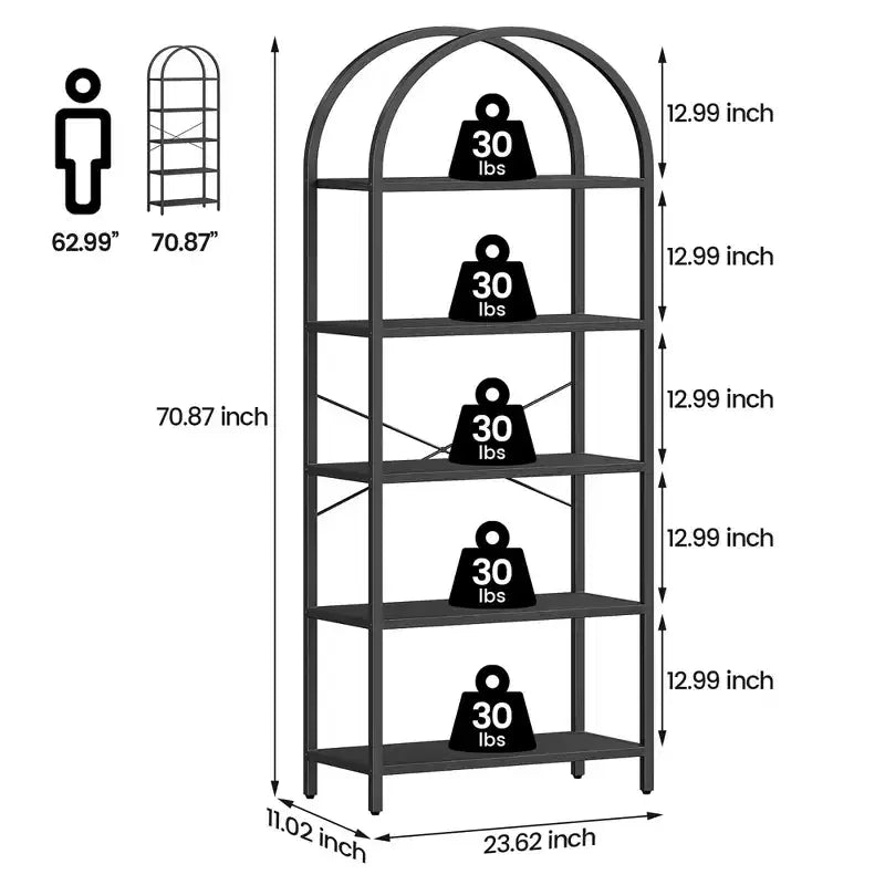 Étagère 5 niveaux en métal arqué, bibliothèque haute.