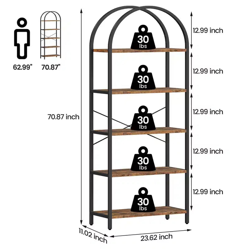 Étagère 5 niveaux en métal arqué, bibliothèque haute.