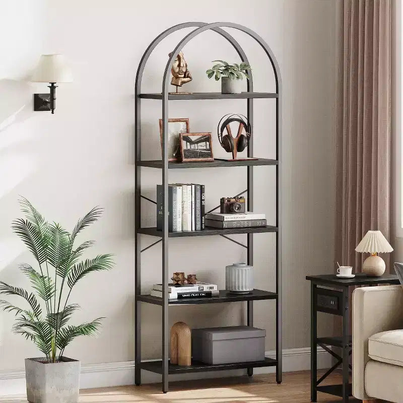 Garvee 5-Tier Bookshelf - Arched Metal Frame Bookcase, Tall Standing Shelf for Bedroom, Living Room &amp; Home Office
