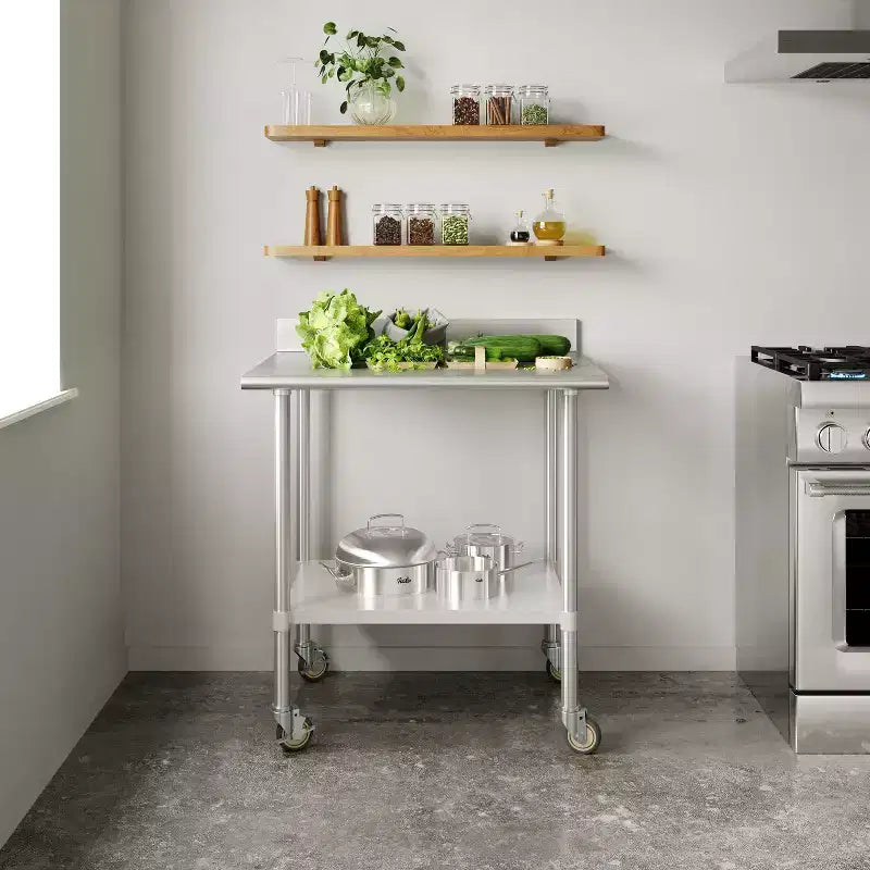 Table de préparation et de travail 30 x 36 avec étagère supérieure en acier inoxydable, dosseret 4"