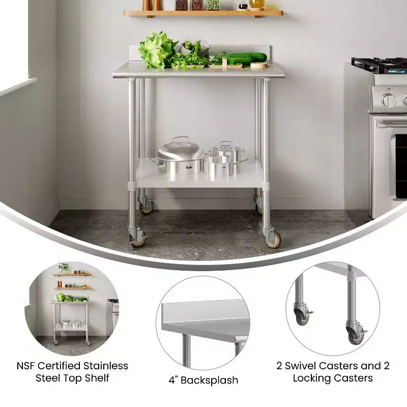 Table de préparation et de travail 30 x 36 avec étagère supérieure en acier inoxydable, dosseret 4"