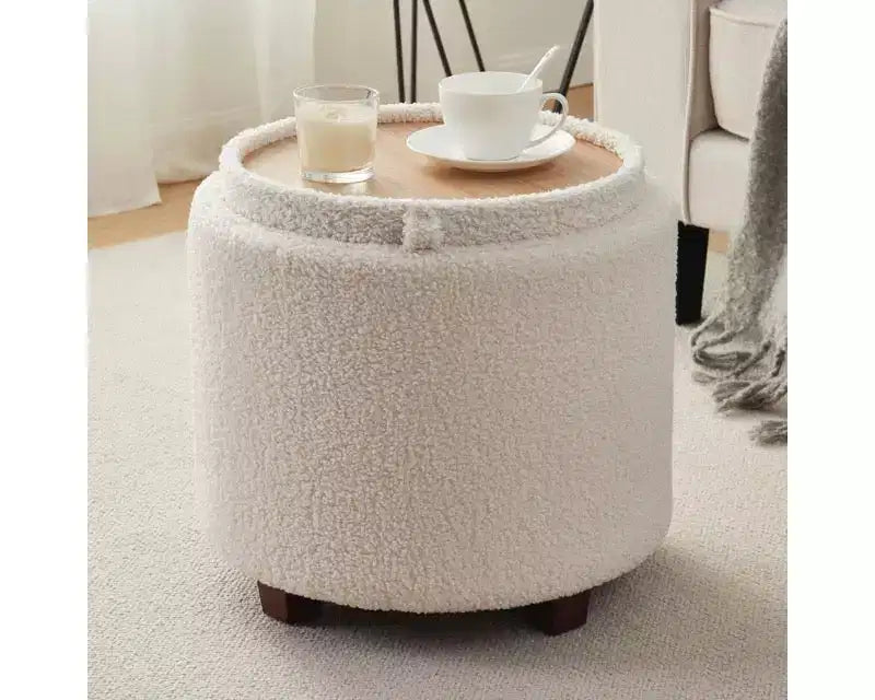 Ornavo Home Lawrence Round Boucle White Storage Ottoman with Table Top Lid