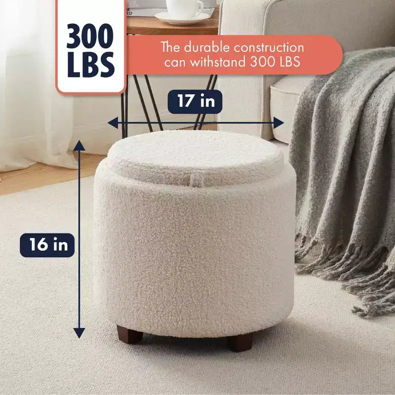 Pouf de rangement rond en boucle blanc avec plateau de table
