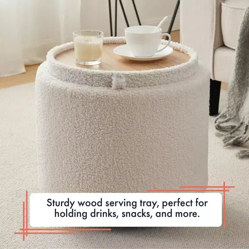 Pouf de rangement rond en boucle blanc avec plateau de table