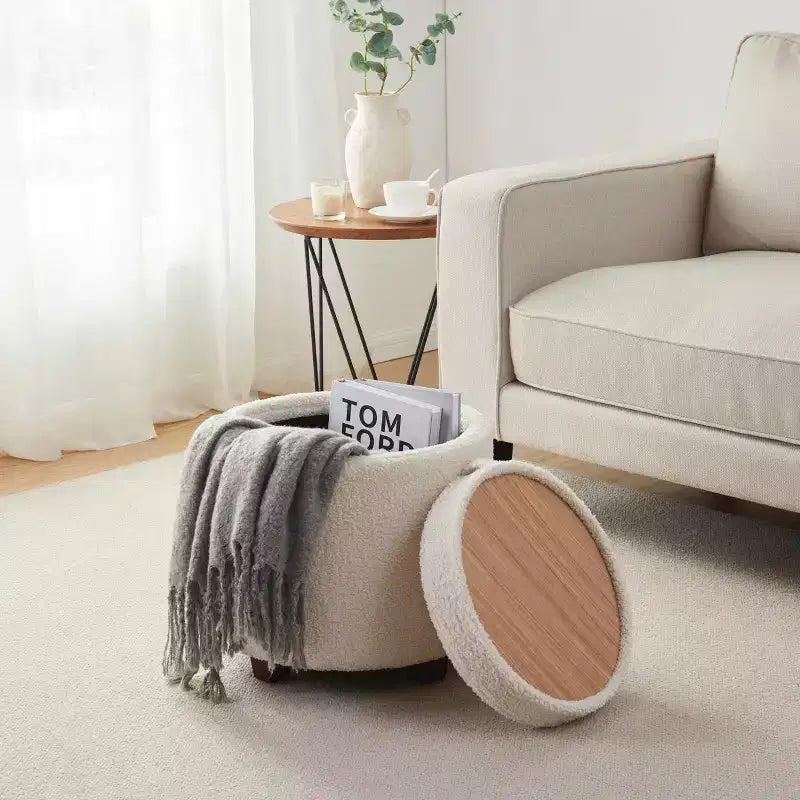 Pouf de rangement rond en boucle blanc avec plateau de table
