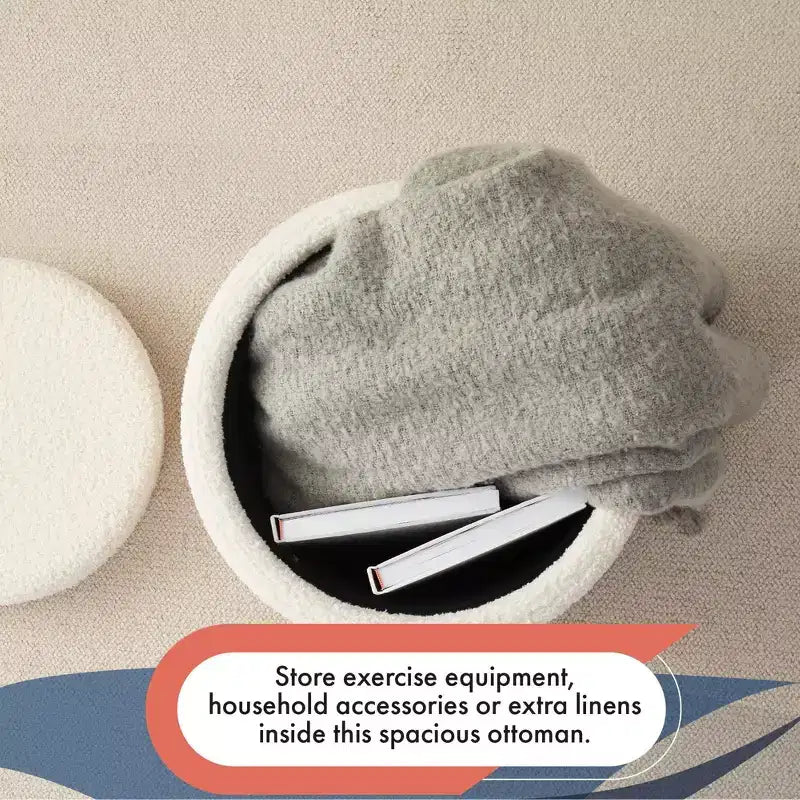 Pouf de rangement rond en boucle blanc avec plateau de table