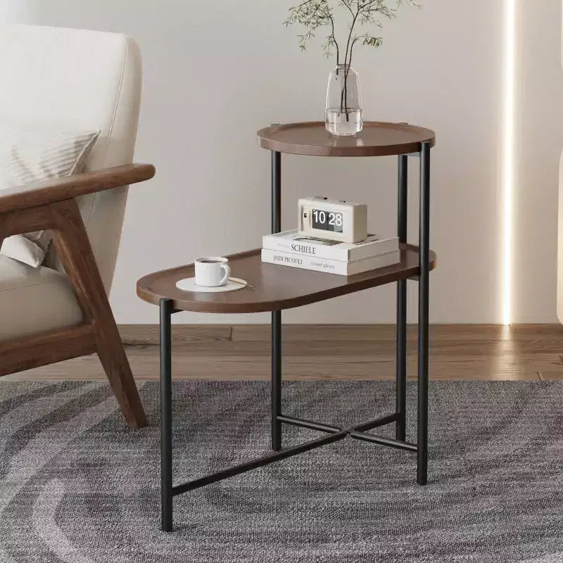 Chic Crate - Space-saving Walnut Brown Nightstand for Living Room - 2-tier Modern Sofa Side Table with Wood Storage Shelf