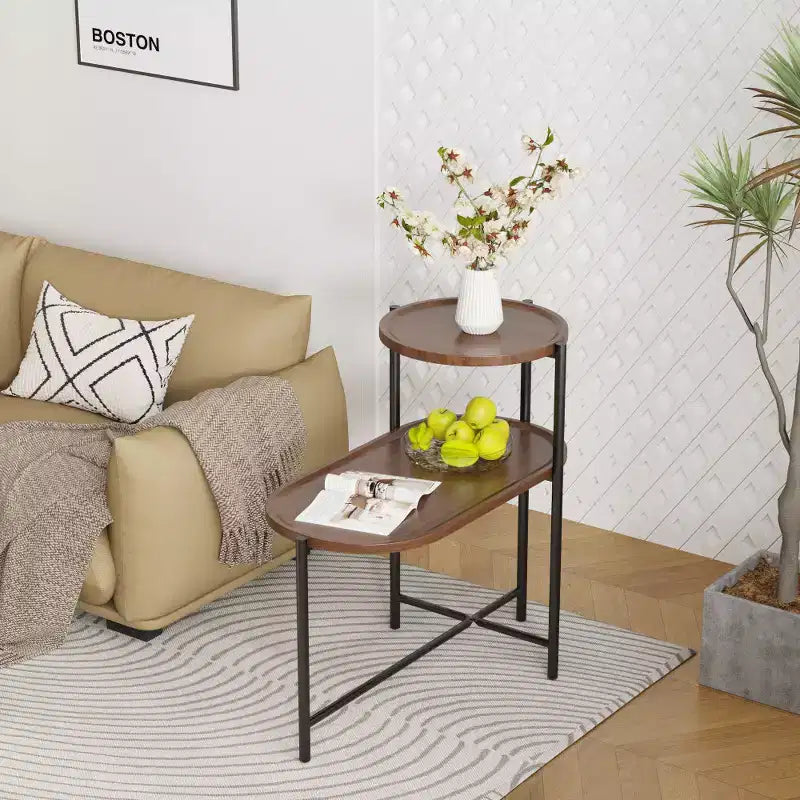 Table de chevet gain de place marron noyer pour salon - Table d'appoint moderne à 2 niveaux pour canapé