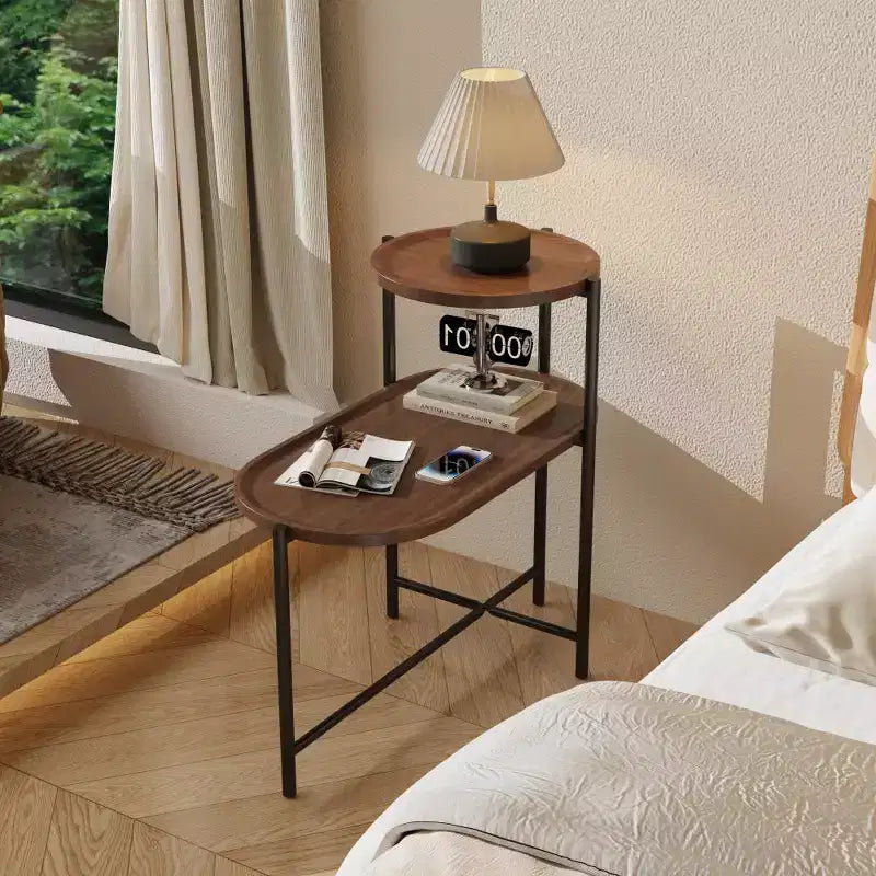 Table de chevet gain de place marron noyer pour salon - Table d'appoint moderne à 2 niveaux pour canapé
