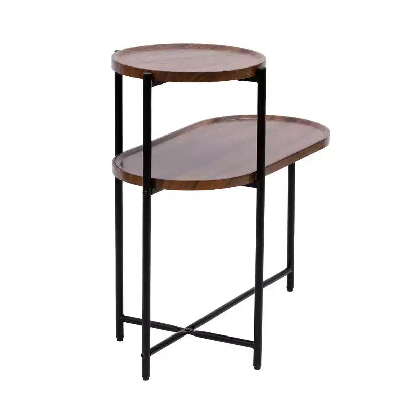 Table de chevet gain de place marron noyer pour salon - Table d'appoint moderne à 2 niveaux pour canapé