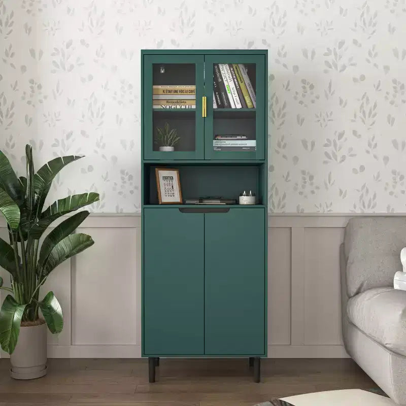 Bibliothèque haute de rangement avec porte en verre trempé et étagères réglables