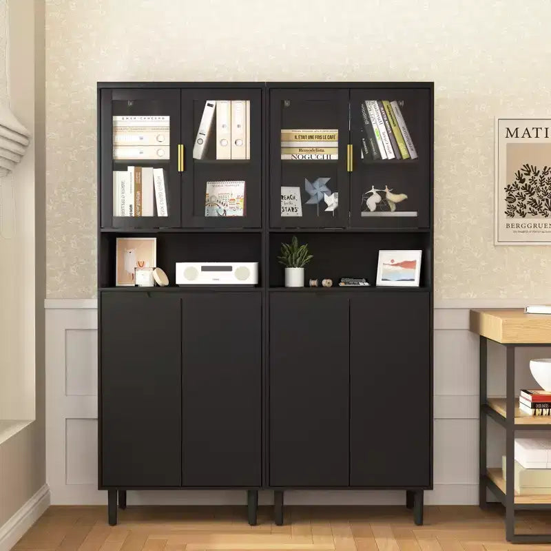 Bibliothèque haute de rangement avec porte en verre trempé et étagères réglables