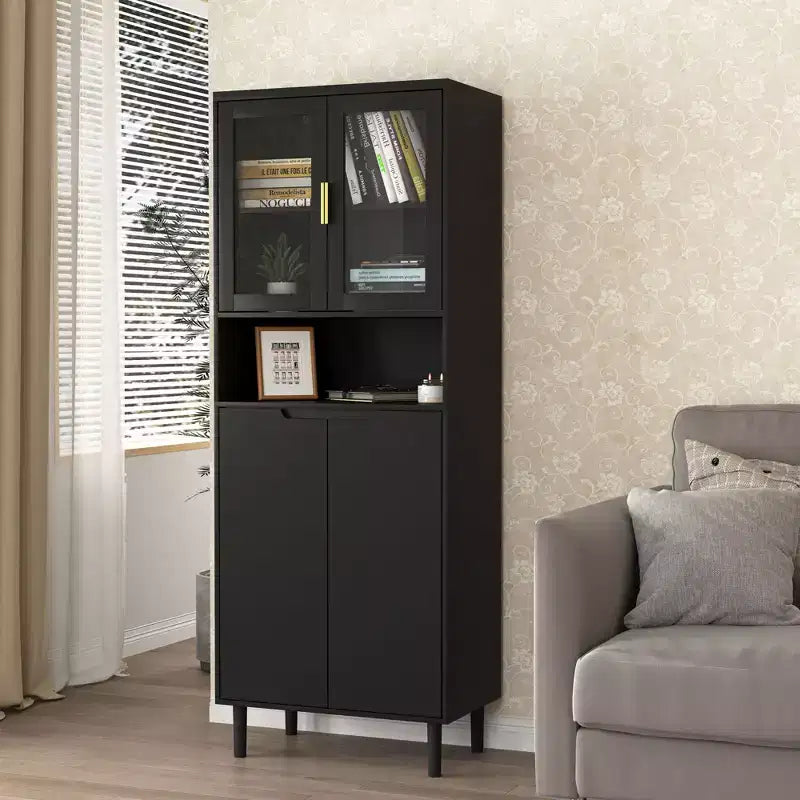 Bibliothèque haute de rangement avec porte en verre trempé et étagères réglables