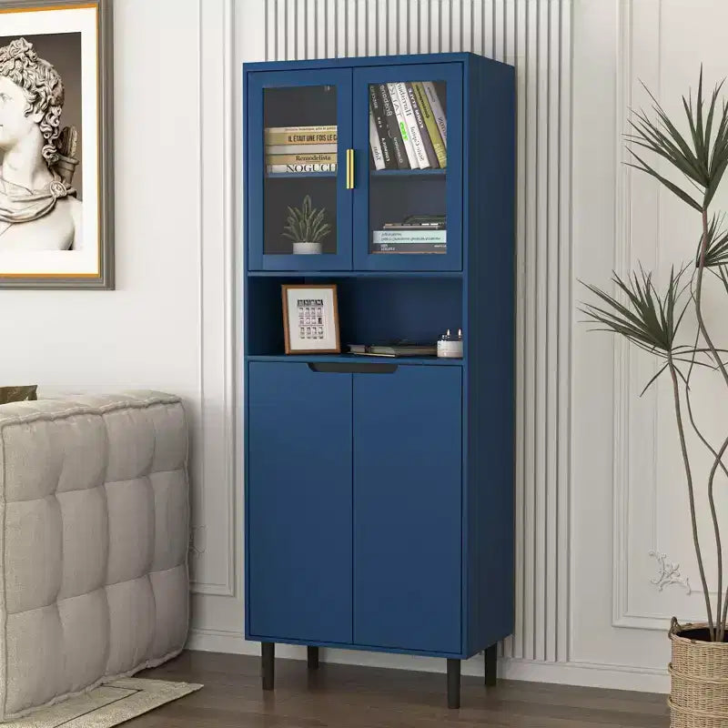 Bibliothèque haute de rangement avec porte en verre trempé et étagères réglables