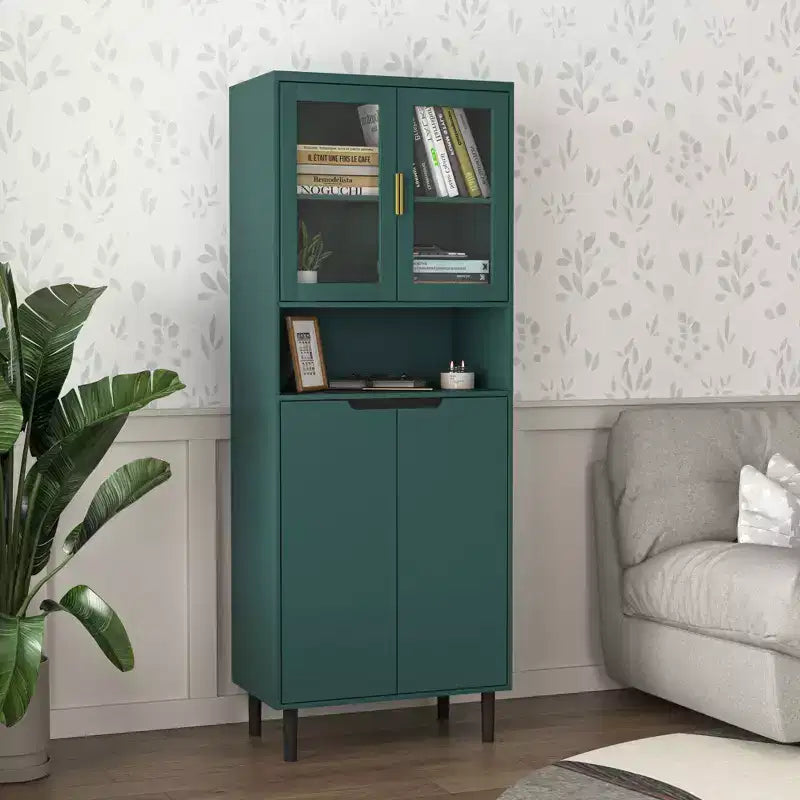 Bibliothèque haute de rangement avec porte en verre trempé et étagères réglables