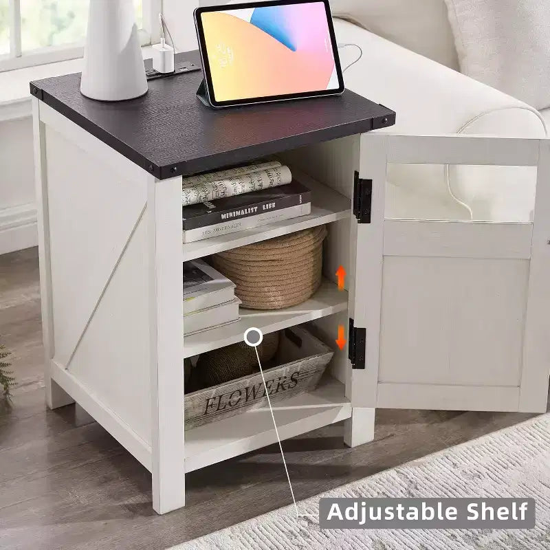 Table de chevet avec station de recharge, table de chevet de style ferme de 45 cm avec étagère réglable