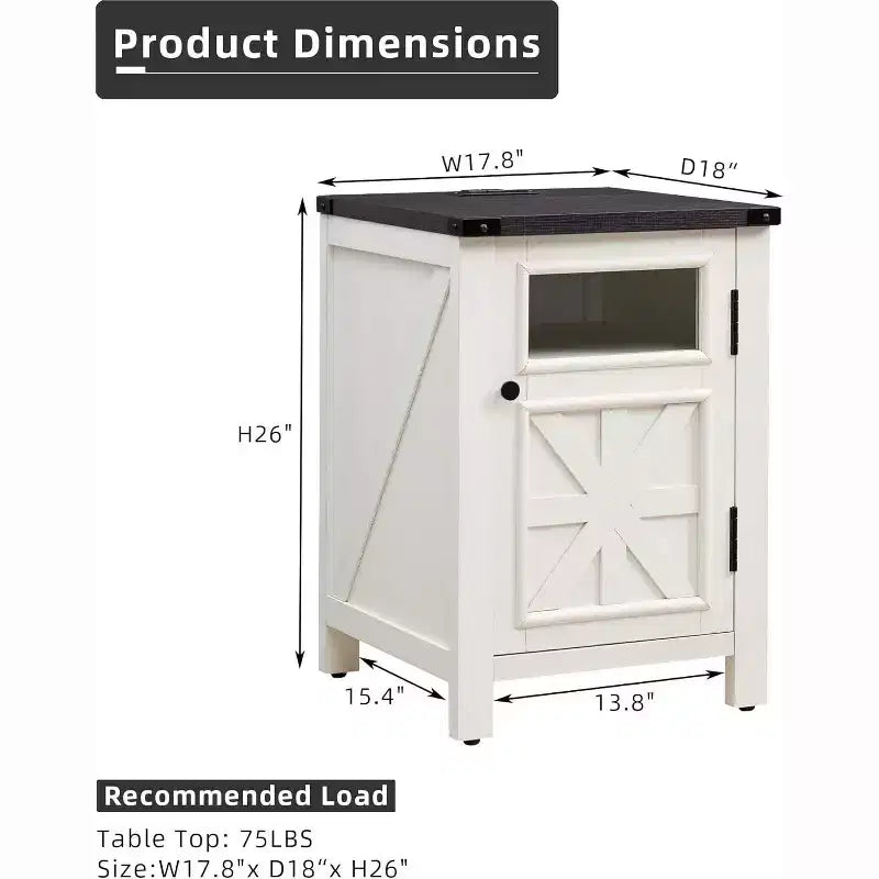 Table de chevet avec station de recharge, table de chevet de style ferme de 45 cm avec étagère réglable