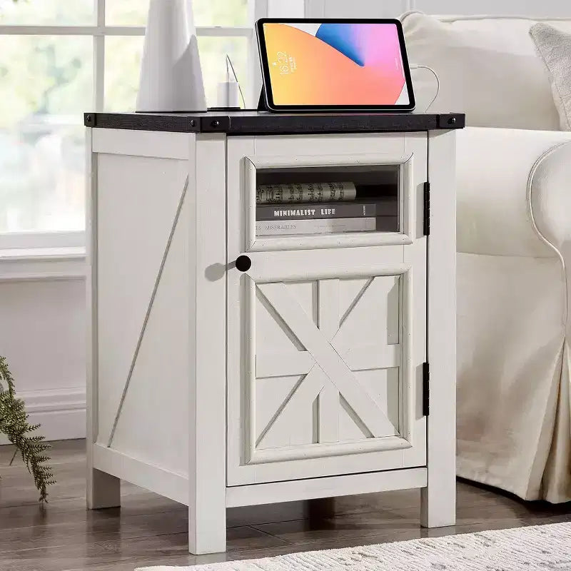 Table de chevet avec station de recharge, table de chevet de style ferme de 45 cm avec étagère réglable