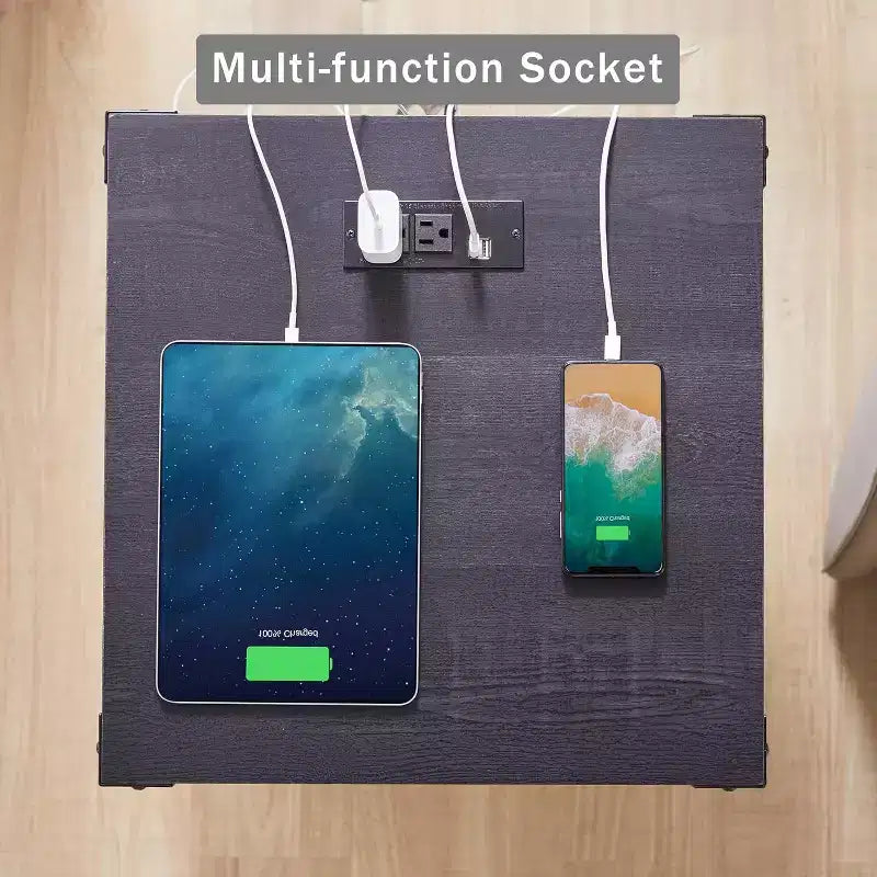 Table de chevet avec station de recharge, table de chevet de style ferme de 45 cm avec étagère réglable