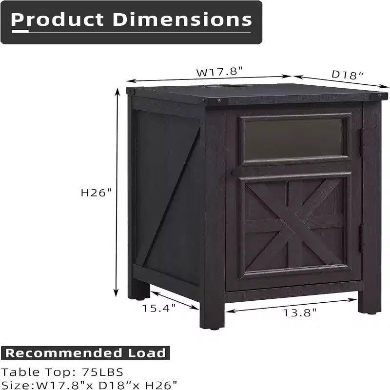 Table de chevet avec station de recharge, table de chevet de style ferme de 45 cm avec étagère réglable
