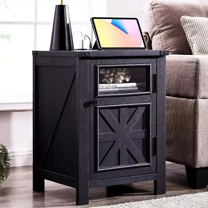 Table de chevet avec station de recharge, table de chevet de style ferme de 45 cm avec étagère réglable