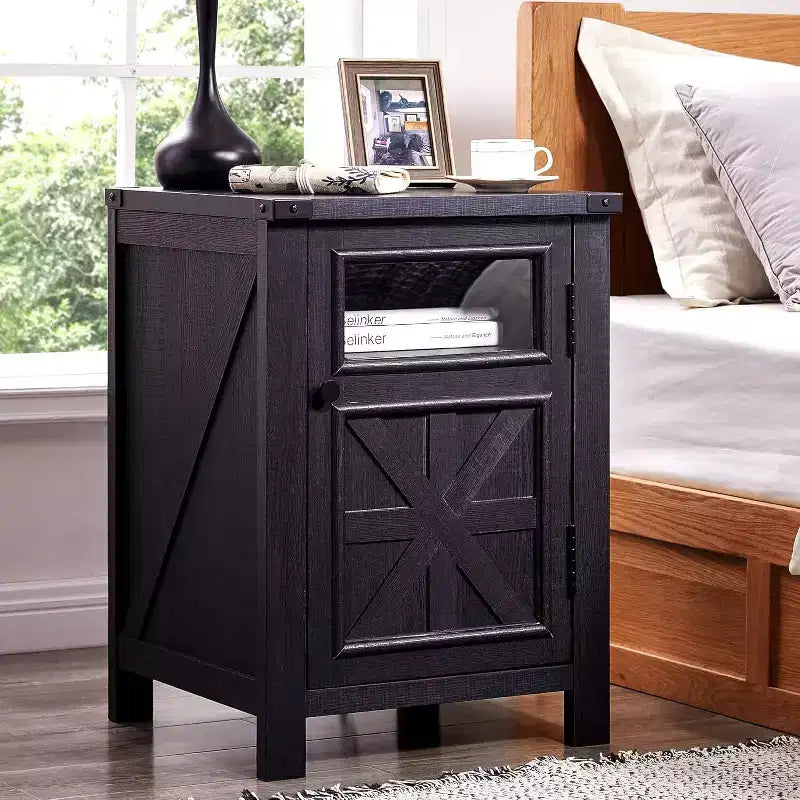 Nightstand with Charging Station, 18 Farmhouse Night Stand with Adjustable Shelf, Wooden Rustic End Table Side Table