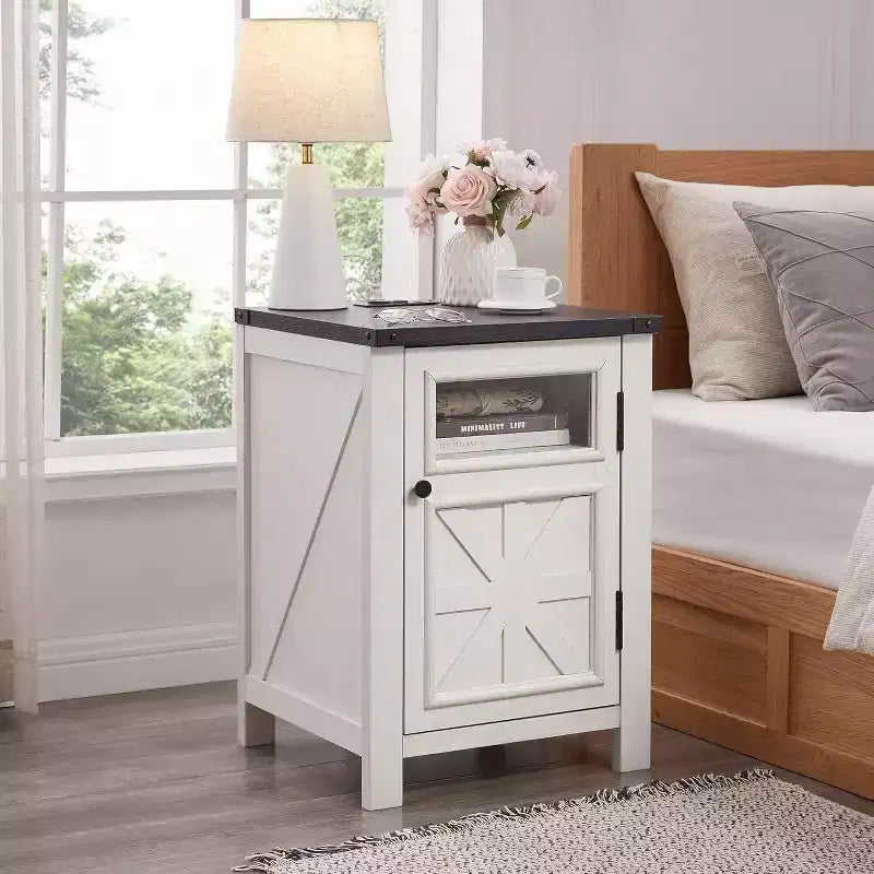 Table de chevet avec station de recharge, table de chevet de style ferme de 45 cm avec étagère réglable