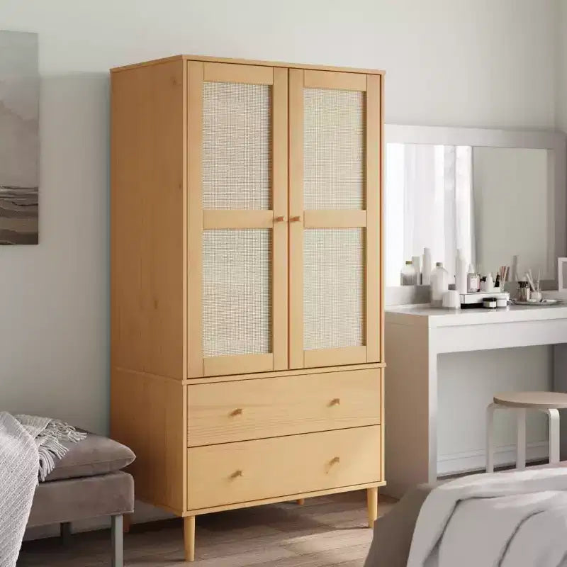 Armoire de rangement en rotin et pin massif