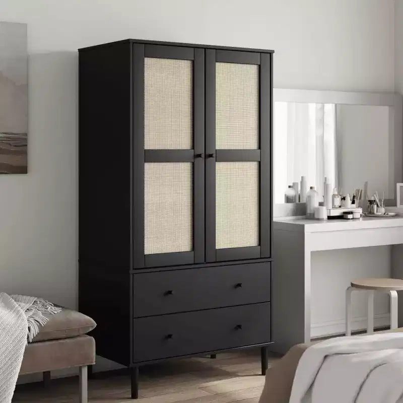 Armoire de rangement en rotin et pin massif