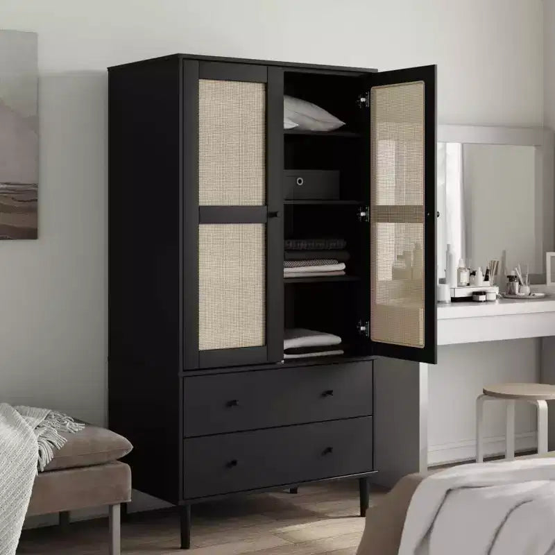 Armoire de rangement en rotin et pin massif