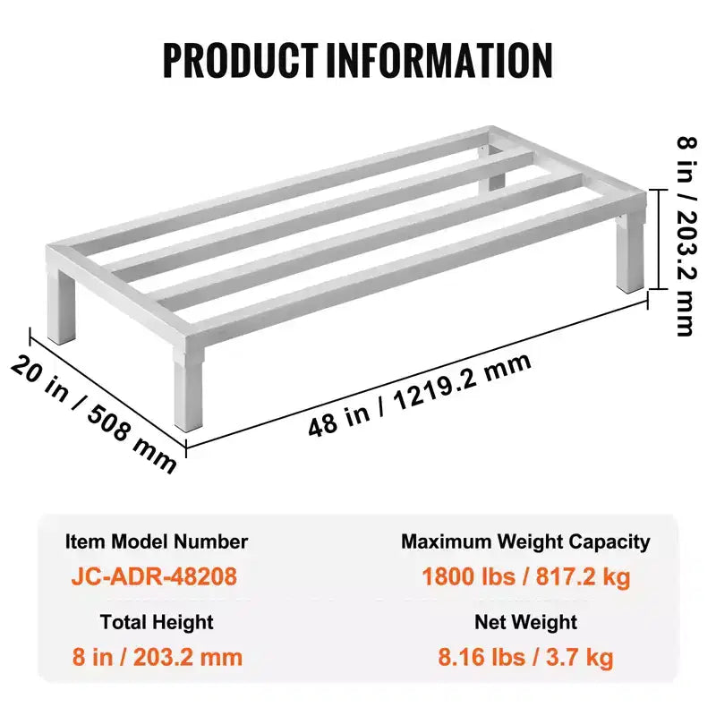 Étagère de Stockage en Aluminium, Support de Sol Commercial pour Aliments 48 x 20, 8 po du Sol