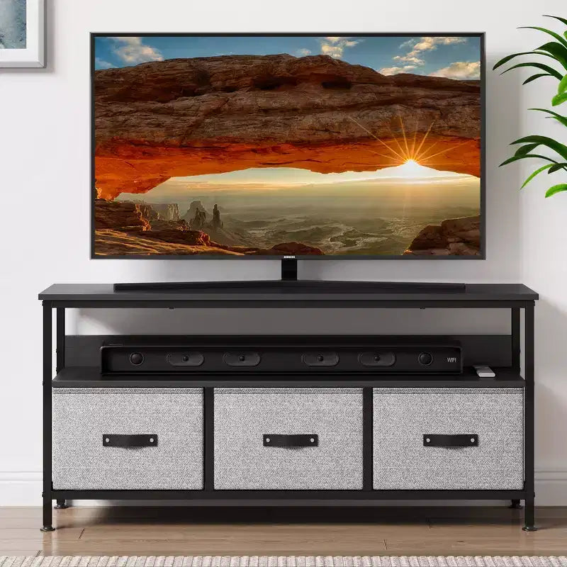 Meuble TV avec rangement, meuble TV compact de 55 pouces avec tiroirs et étagères