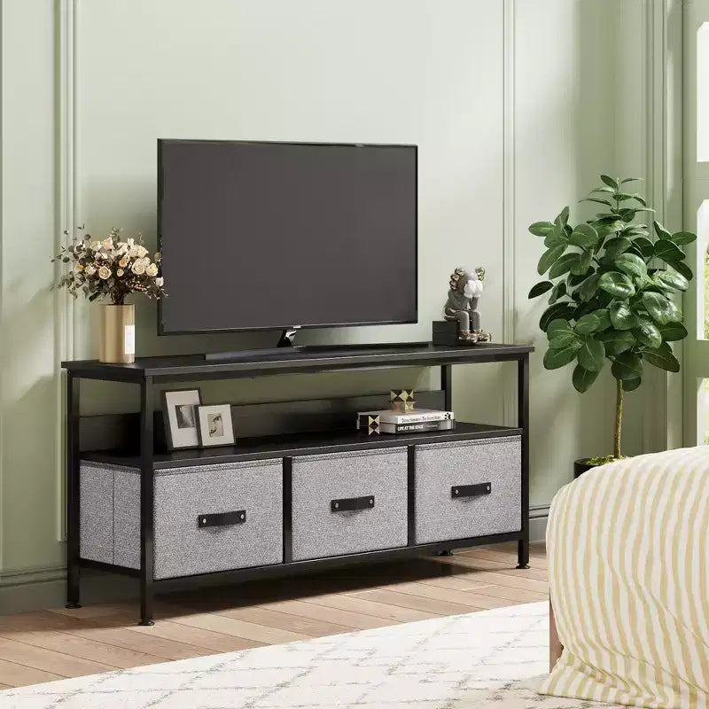 Meuble TV avec rangement, meuble TV compact de 55 pouces avec tiroirs et étagères