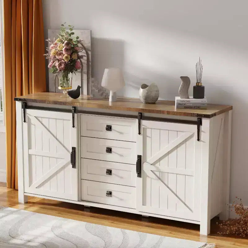 SinCiDo Farmhouse 60Dressing Table with Sliding Barn Door and 4 Drawers,Drawer Cabinet Living Room,Bedroom,Coffee Bar