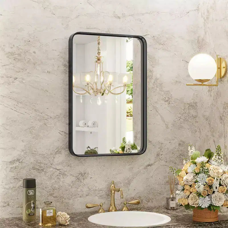Aluminum Alloy Bathroom Mirror 30x22 Inch, Tempered Glass Wall Mirror with Anti-Rust Frame, Black