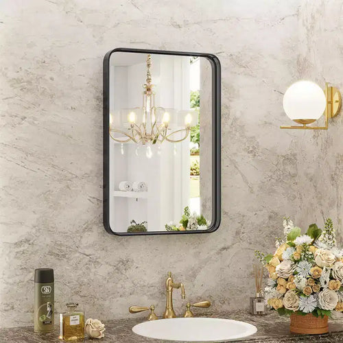 Aluminum Alloy Bathroom Mirror 30x22 Inch, Tempered Glass Wall Mirror with Anti-Rust Frame, Black