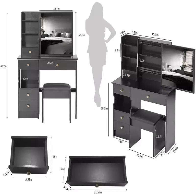Tables de toilette et tabouret avec petit tiroir gauche de 29,2, coiffeuse avec surdimensionné