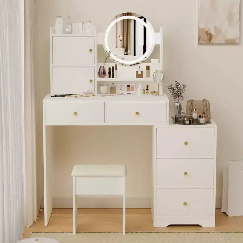 Okak Vanity Table with Right Drawers and Lights for Makeup and Cushioned Chair,Vanity Desk with Lights and Table Set with 3 Color Lighting,White