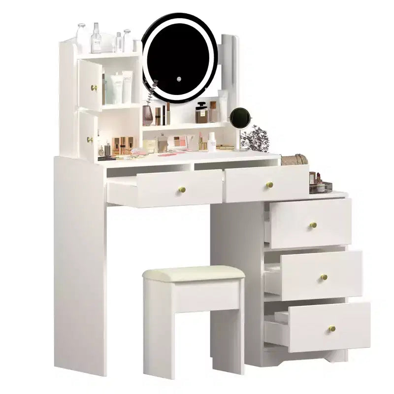 Coiffeuse avec tiroirs à droite et lumières pour le maquillage et chaise capitonnée