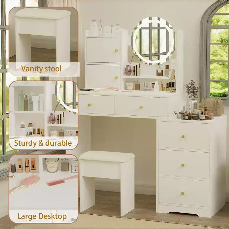 Coiffeuse avec tiroirs à droite et lumières pour le maquillage et chaise capitonnée