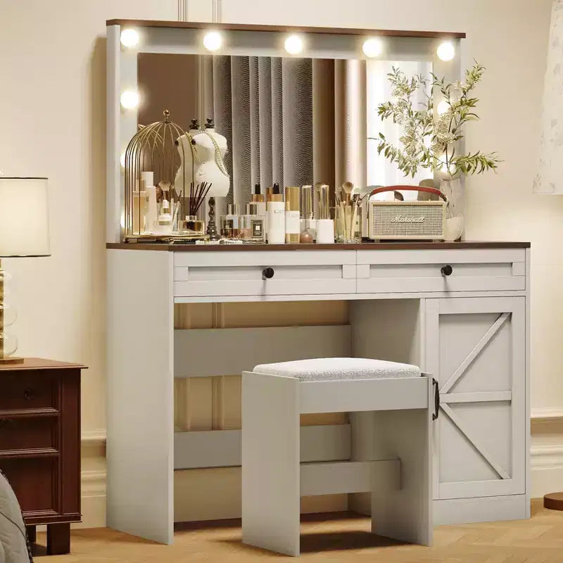 Coiffeuse avec grand miroir, Table de maquillage avec plateau en verre transparent