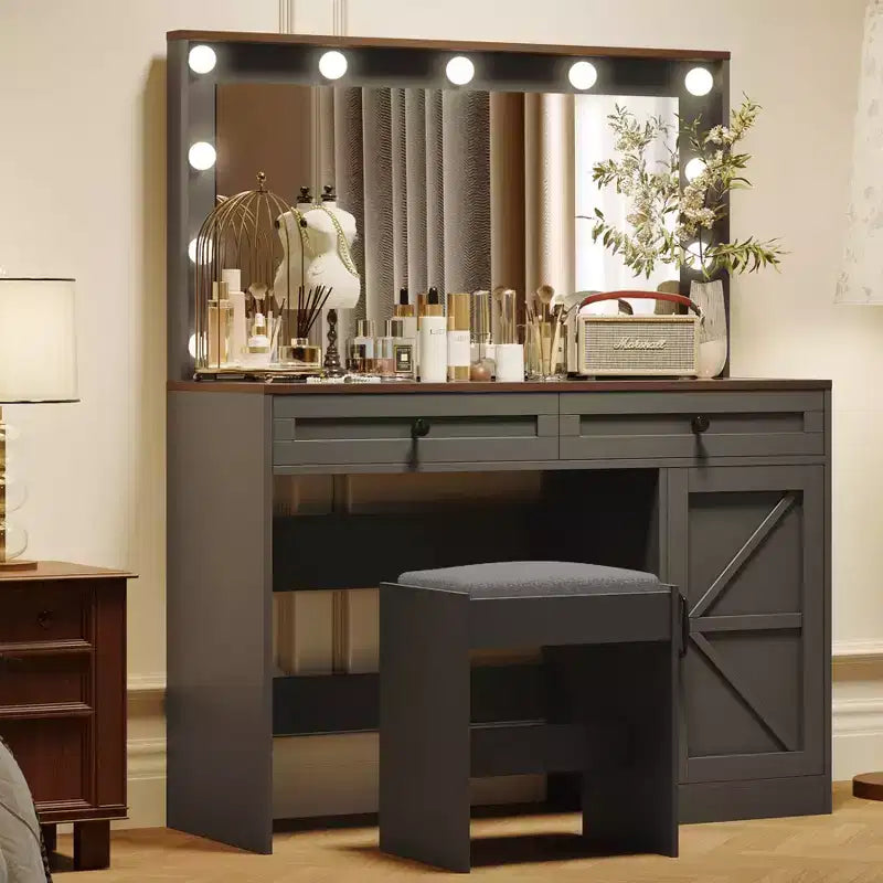 Coiffeuse avec grand miroir, Table de maquillage avec plateau en verre transparent